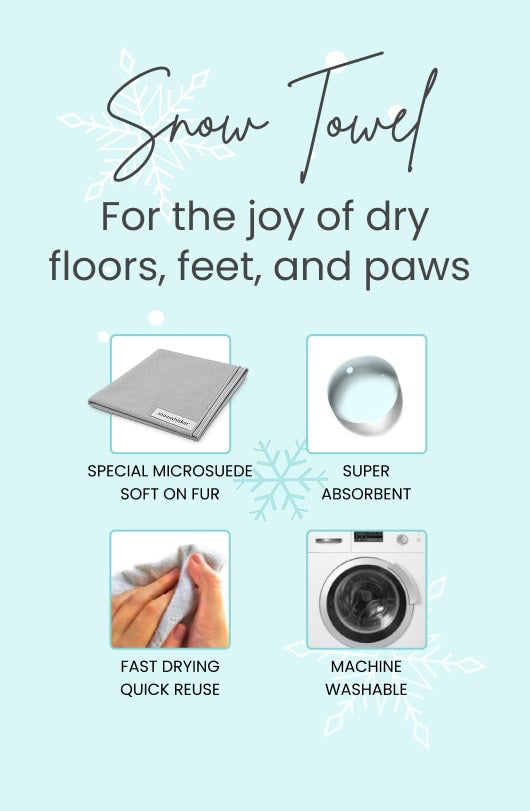 A promotional graphic for a snow towel on a light blue background. The text reads 'Snow Towel' and 'For the joy of dry floors, feet, and paws,' with four feature callouts showing a folded gray microsuede towel, fur friendly, ultra absorbent, hands drying a towel that says fast drying and quick reuse, and a washing machine to indicate machine washable.