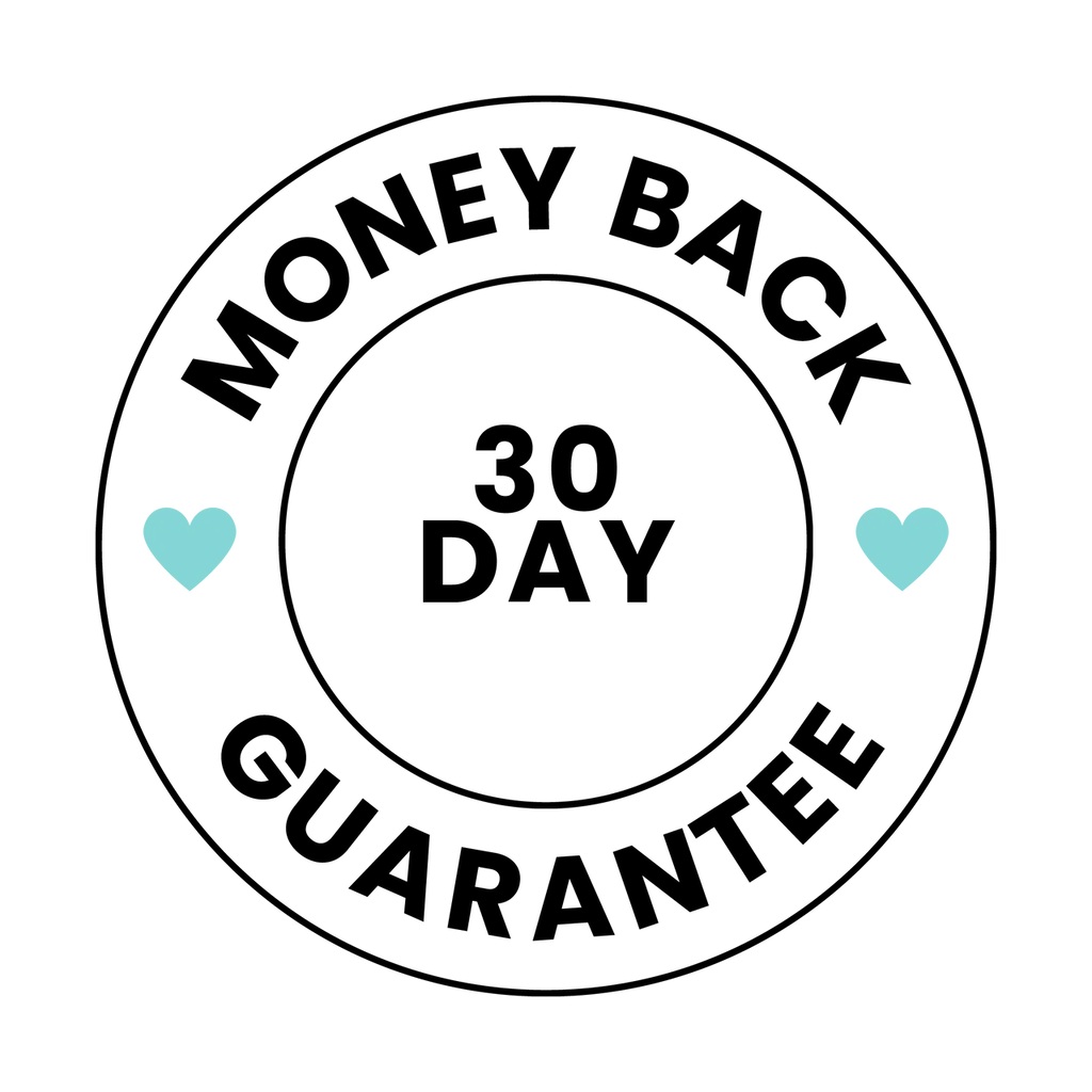 A circular graphic badge with the text 'MONEY BACK GUARANTEE' and '30 DAY' in black, with two small light blue hearts on either side, on a white background.